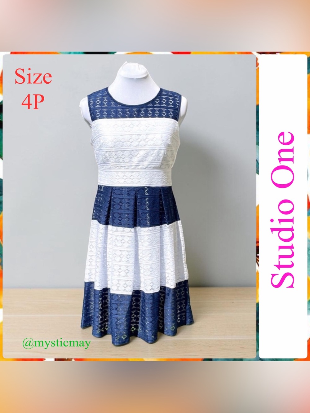 STUDIO ONE Navy Blue & White Striped Sleeveless Lace Midi Dress Petites Size 4 P